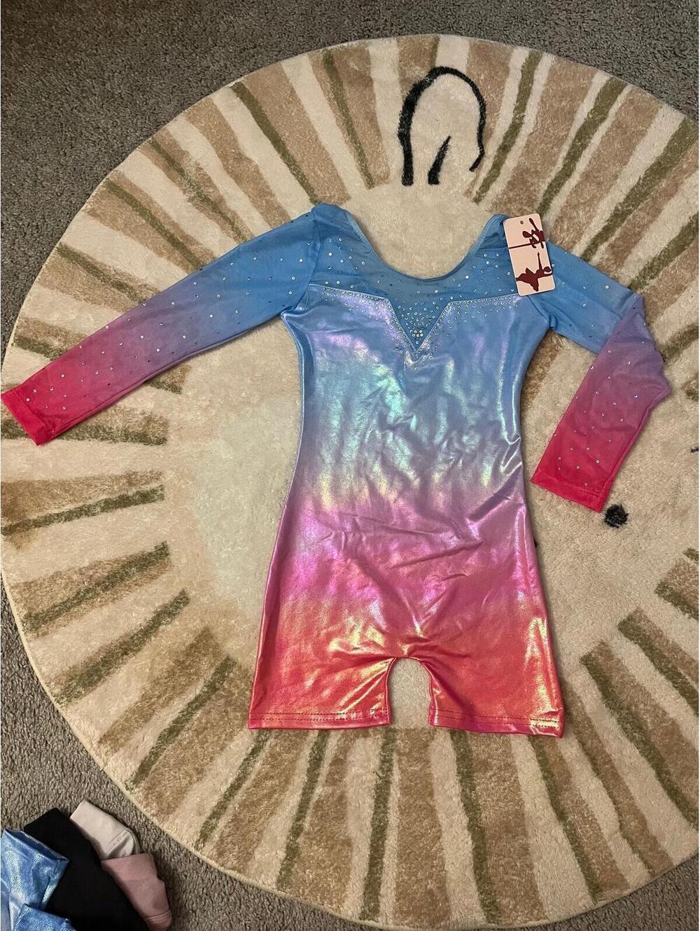 Size 7/8 Long Sleeve Shimmer Ombre Gymnastics Leotard NWT Pink Blue Rhinestone